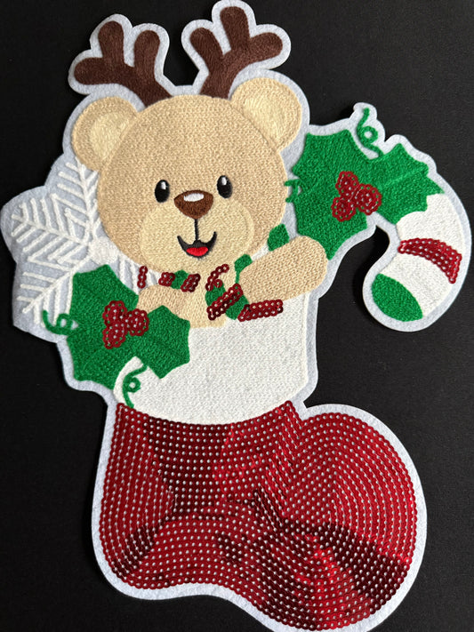 Teddy Bear Reindeer in Stocking Chenille & Sequin Patch Christmas Sweatshirt