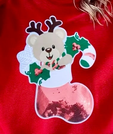 Teddy Bear Reindeer in Stocking Chenille & Sequin Patch Christmas Sweatshirt